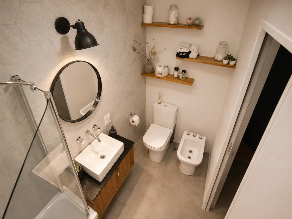 Baño con vanitory de madera, espejo redondo, aplique negro y estantes de madera