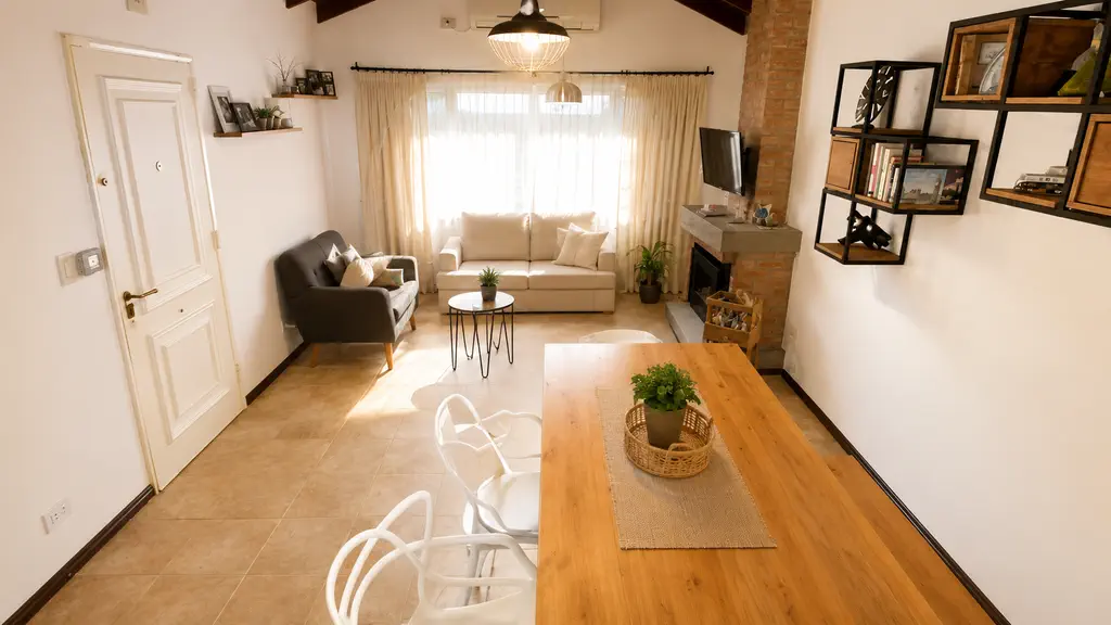 Living comedor con ventanal, hogar de ladrillo visto y techo con vigas de madera